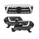 For 05-11 Toyota Tacoma Set Chrome Black Housing Headlights Front Bumper Grille