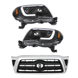 For 05-11 Toyota Tacoma Set Chrome Black Housing Headlights Front Bumper Grille
