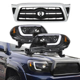 For 05-11 Toyota Tacoma Set Chrome Black Housing Headlights Front Bumper Grille