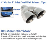 Labwork 2 Pcs Quad 3" In 4" Out 9" Long Dual Wall Exhaust Tips Stainless Steel Lab Work Auto