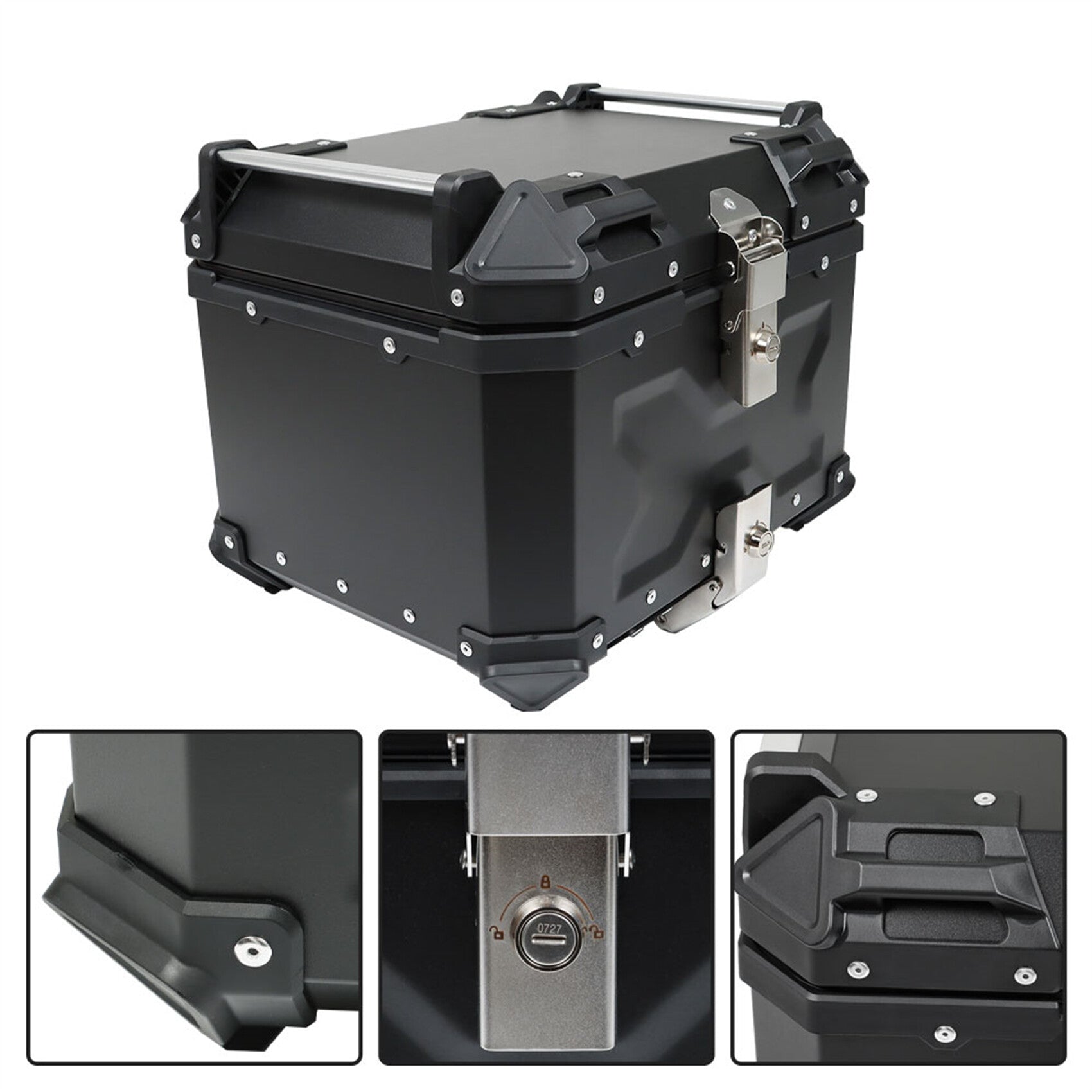 labwork 45L Motorcycle Top Case Tail Box with Backrest and Mounting Plate Hard Aluminum Alloy Watertightness Security Lock Against Theft Black Metal Motorcycle Trunk Tour Tail Box